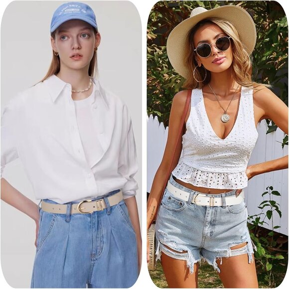 Pack 3 Women's Belts for Jeans Pants Gold Buckle Leather Belts Beige White - Picture 4 of 5